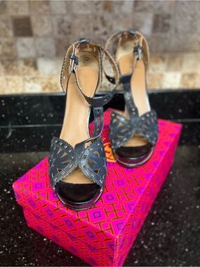Guess Black Laser-Cut T-Strap High Heel Sandals
